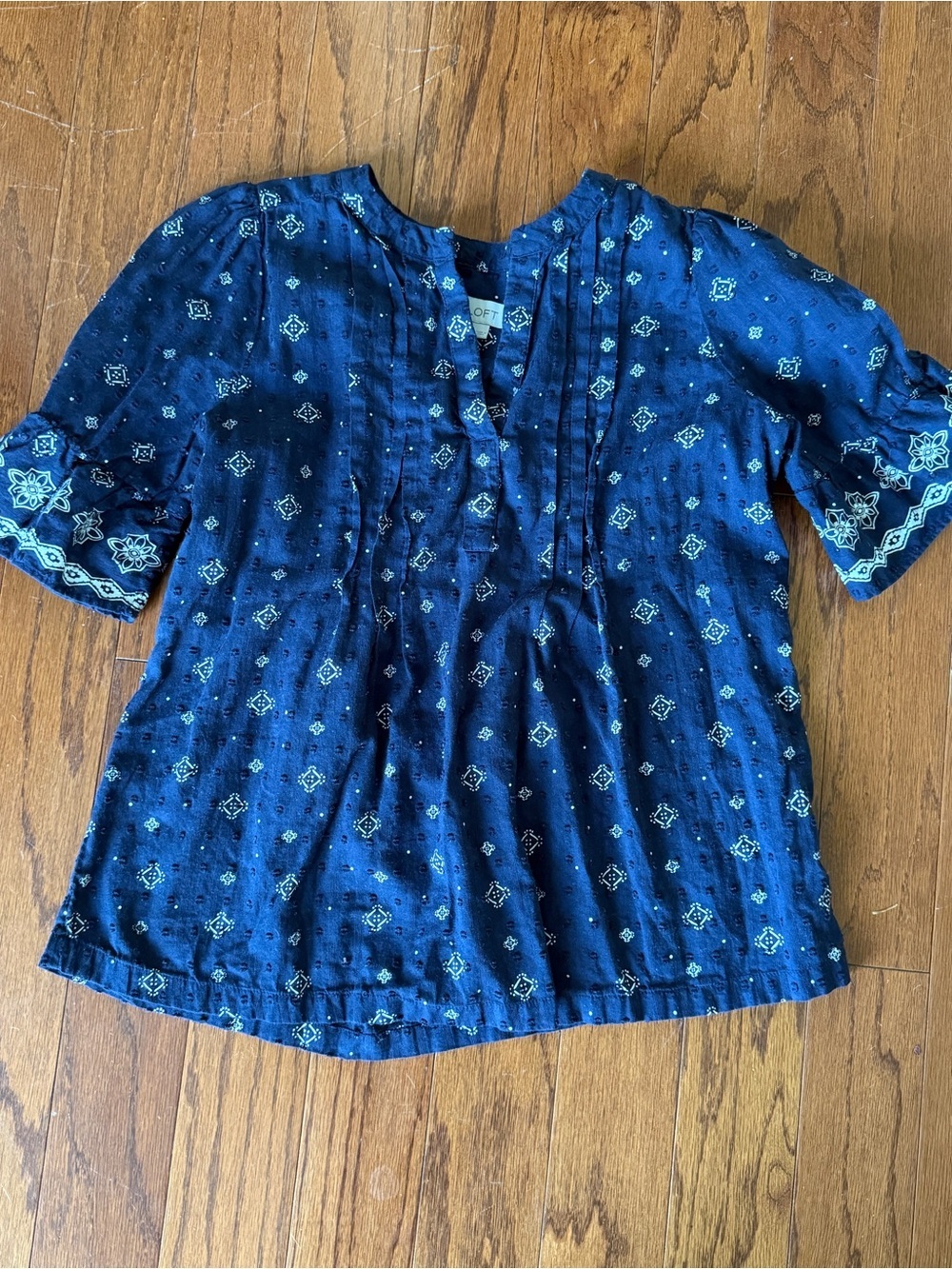 LOFT Navy Blue Printed Pintuck Top
